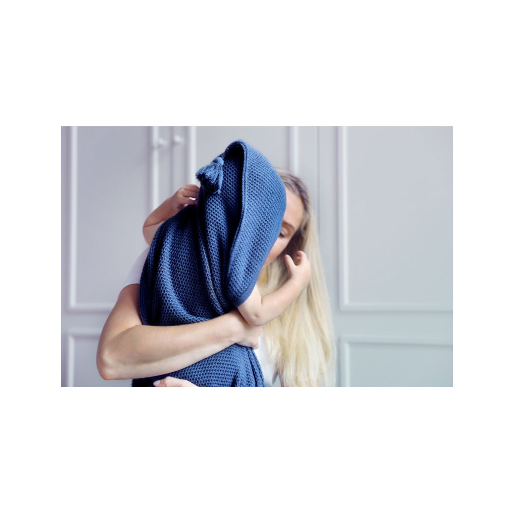 Granatowy - Kocyk Bambusowy Tkany z Kapturkiem - Pink No More