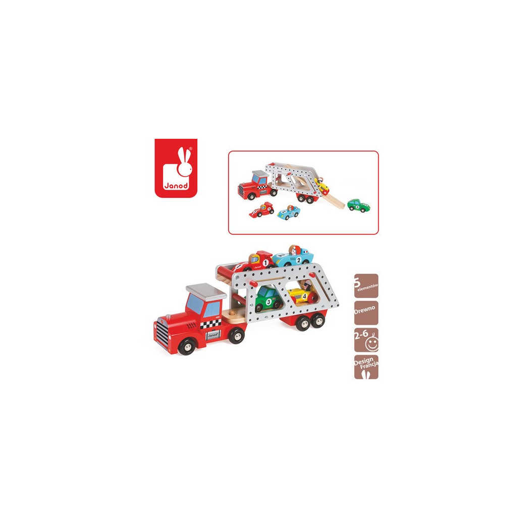 Laweta drewniana duża z 4 samochodzikami - Janod