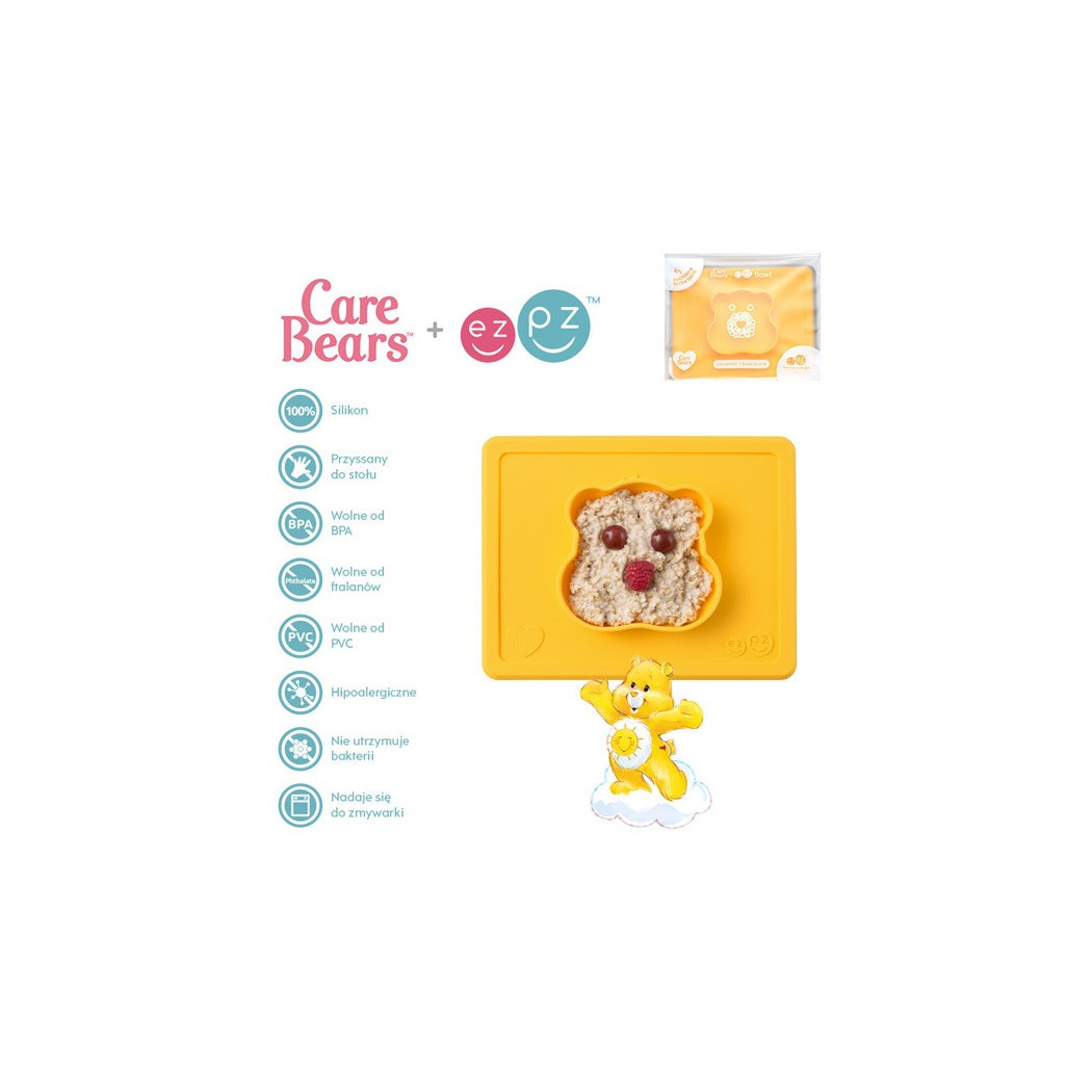 Happy Bowl - Żółta - Troskliwe Misie - Silikonowa Miseczka z Podkładką 2w1 - Słoneczne Serce - Funshine Bear - EZPZ