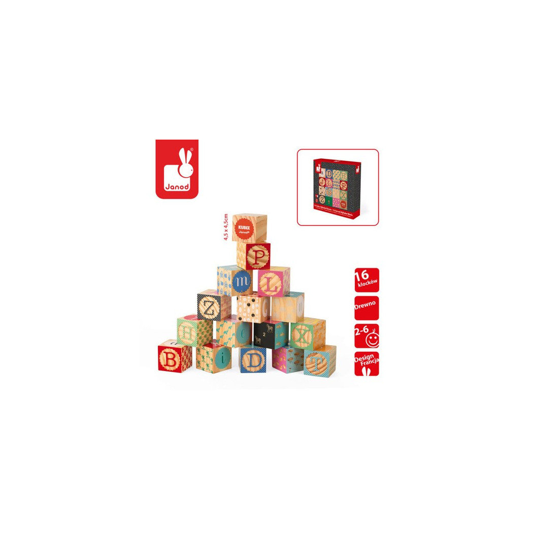 Klocki drewniane Kubix 16 sztuk Alfabet - Janod