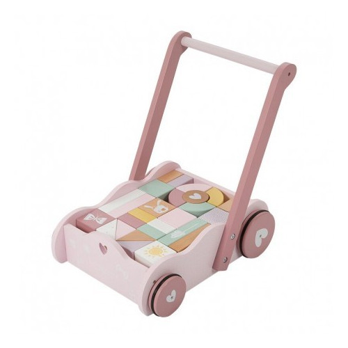 Wózek z klockami Pink - Różowy - Drewniany Pchacz Montessori - Little Dutch