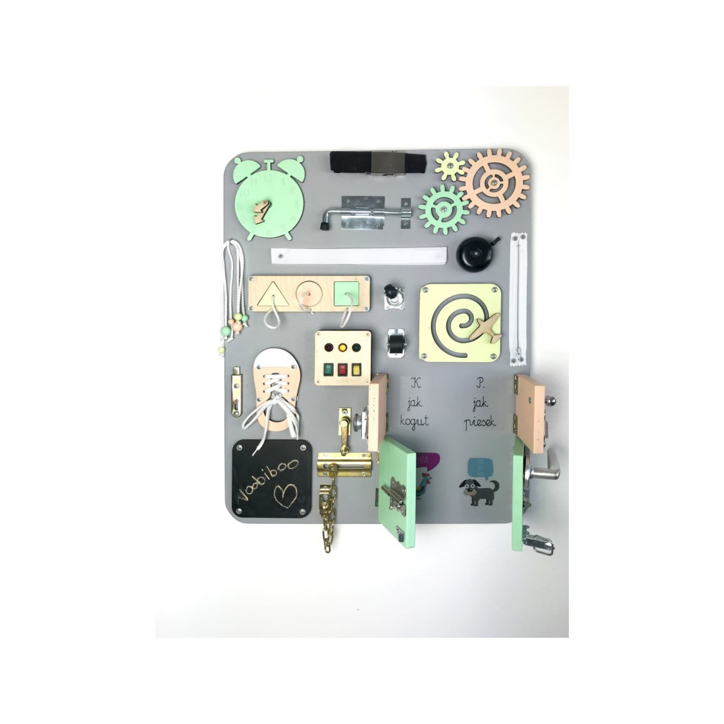Duża Tablica Manipulacyjna - Szara z Kolorowymi Elementami - Montessori - Woobiboo