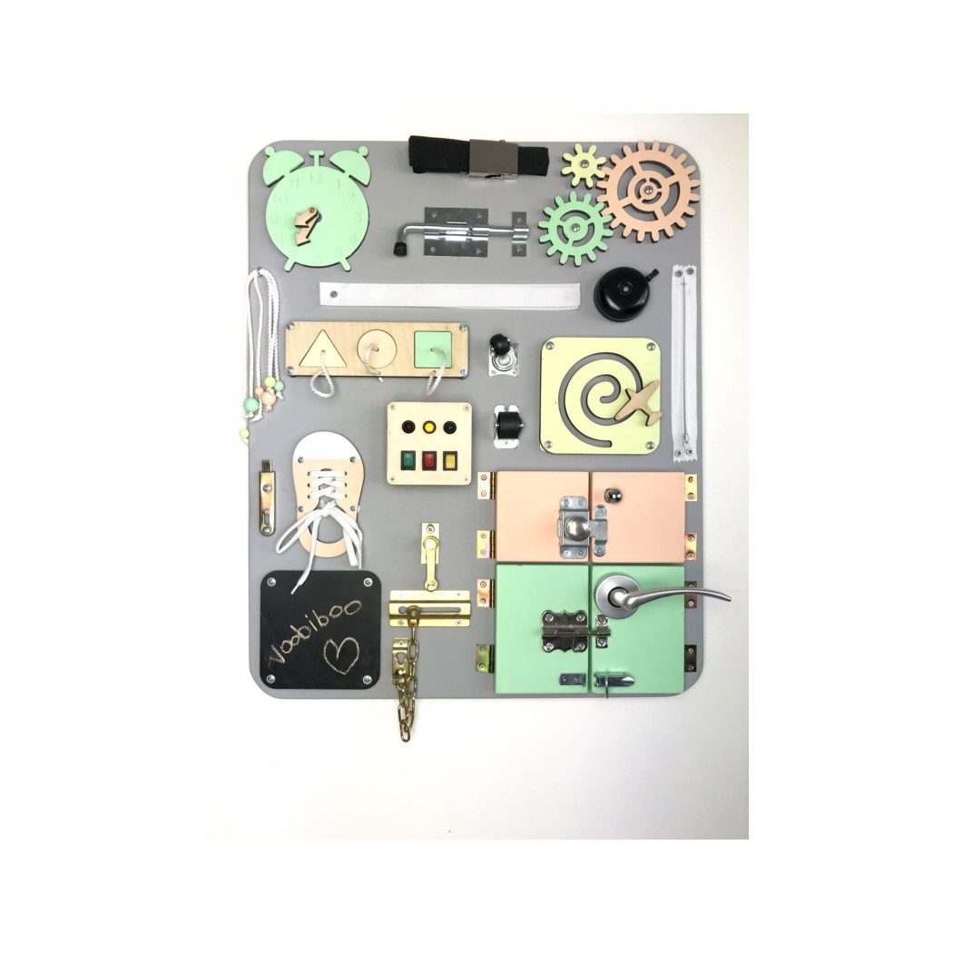 Duża Tablica Manipulacyjna - Szara z Kolorowymi Elementami - Montessori - Woobiboo