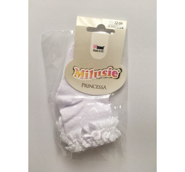 Skarpetki bawełniane ażurowe - białe z koronką i kokardką - 9-10 cm - 6-12 miesięcy - Milusie