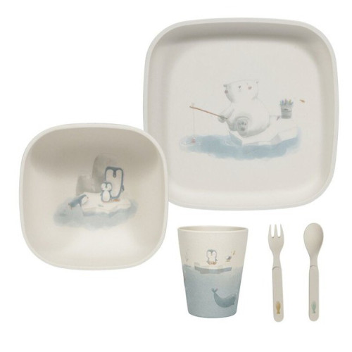 Polar Bear - Bambusowy zestaw do jedzenia - talerz/miska/ kubek/ sztućce -  Little Dutch