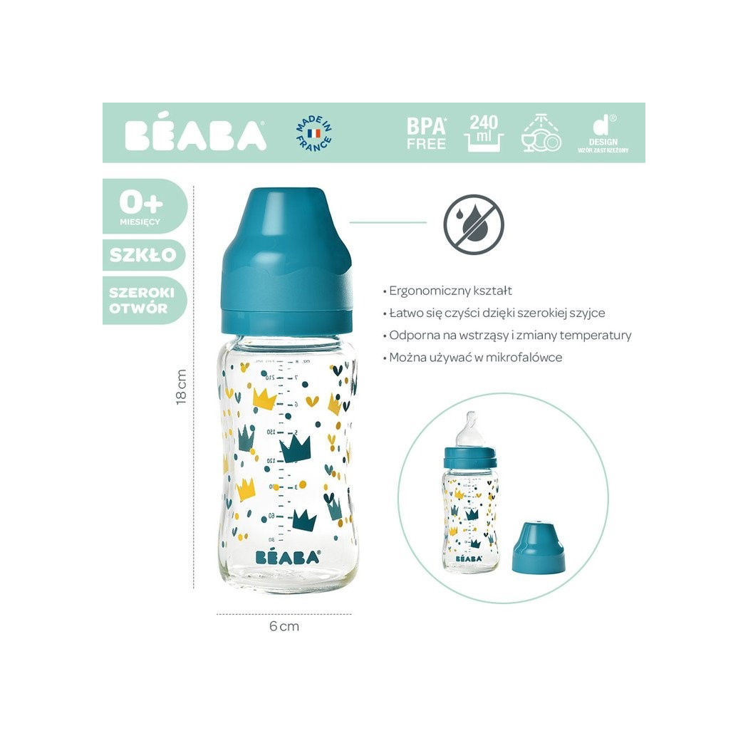 WYPRZEDAŻ Yellow Blue Crown - Butelka Szklana - Szerokootworowa - 240ml - Beaba