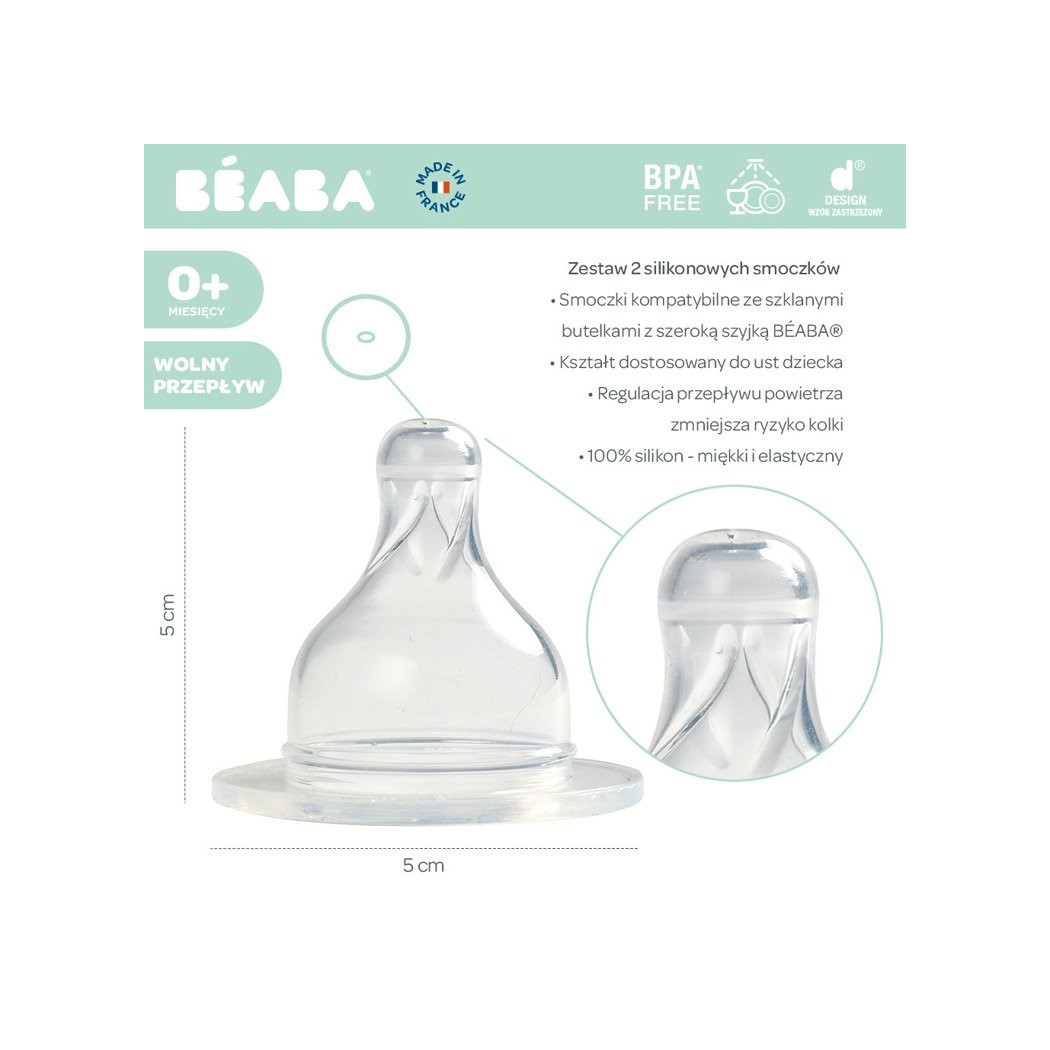 WYPRZEDAŻ Zestaw Dwóch Smoczków - 0 miesięcy+ - Wolny Przepływ - Do Butelki Szerokootworowej - Beaba