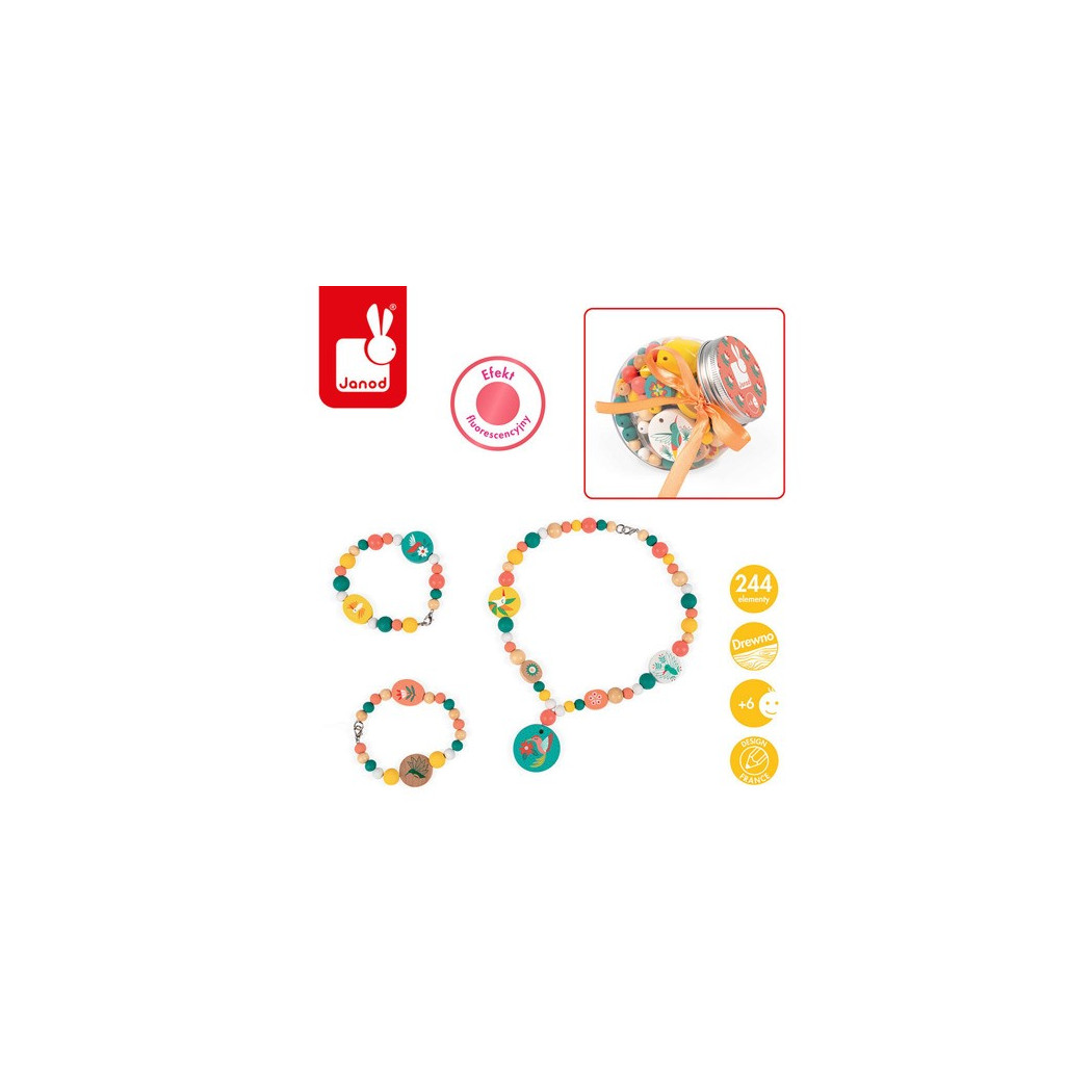 Drewniane Koraliki Z Elementami Fluorescencyjnymi - Kolibry - Zestaw Do Tworzenia Biżuterii - Janod
