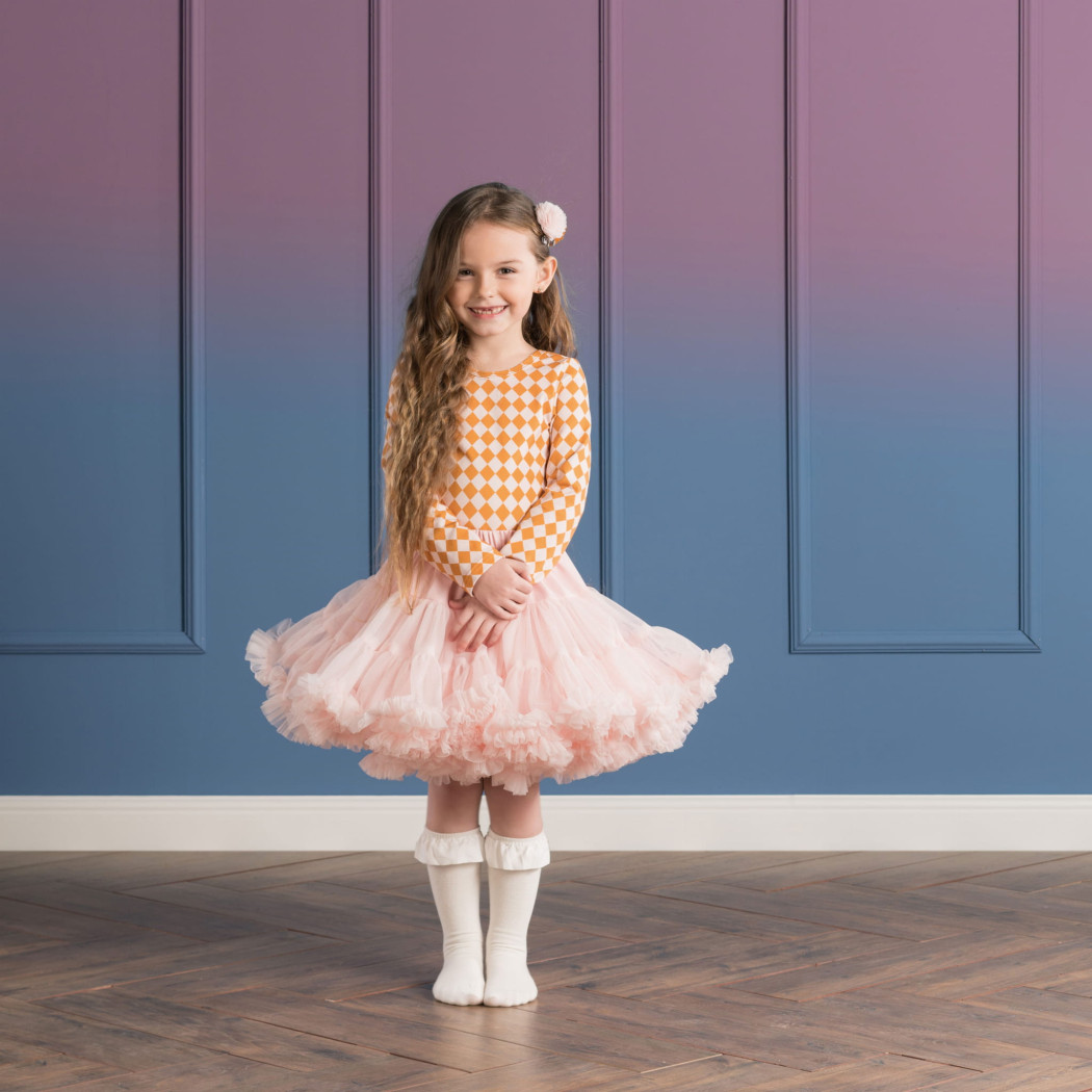 WYPRZEDAŻ Bluzka Romby Karmel Jasny Róż 80/86 - Długi Rękaw - Bluzka Z Dekoltem Na Plecach - Manufaktura Falbanek