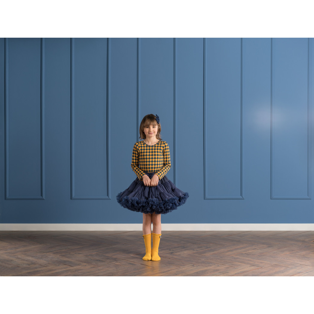 WYPRZEDAŻ Bluzka Romby Granat Musztarda 104/110  - Bluzka Z Dekoltem Na Plecach - Manufaktura Falbanek