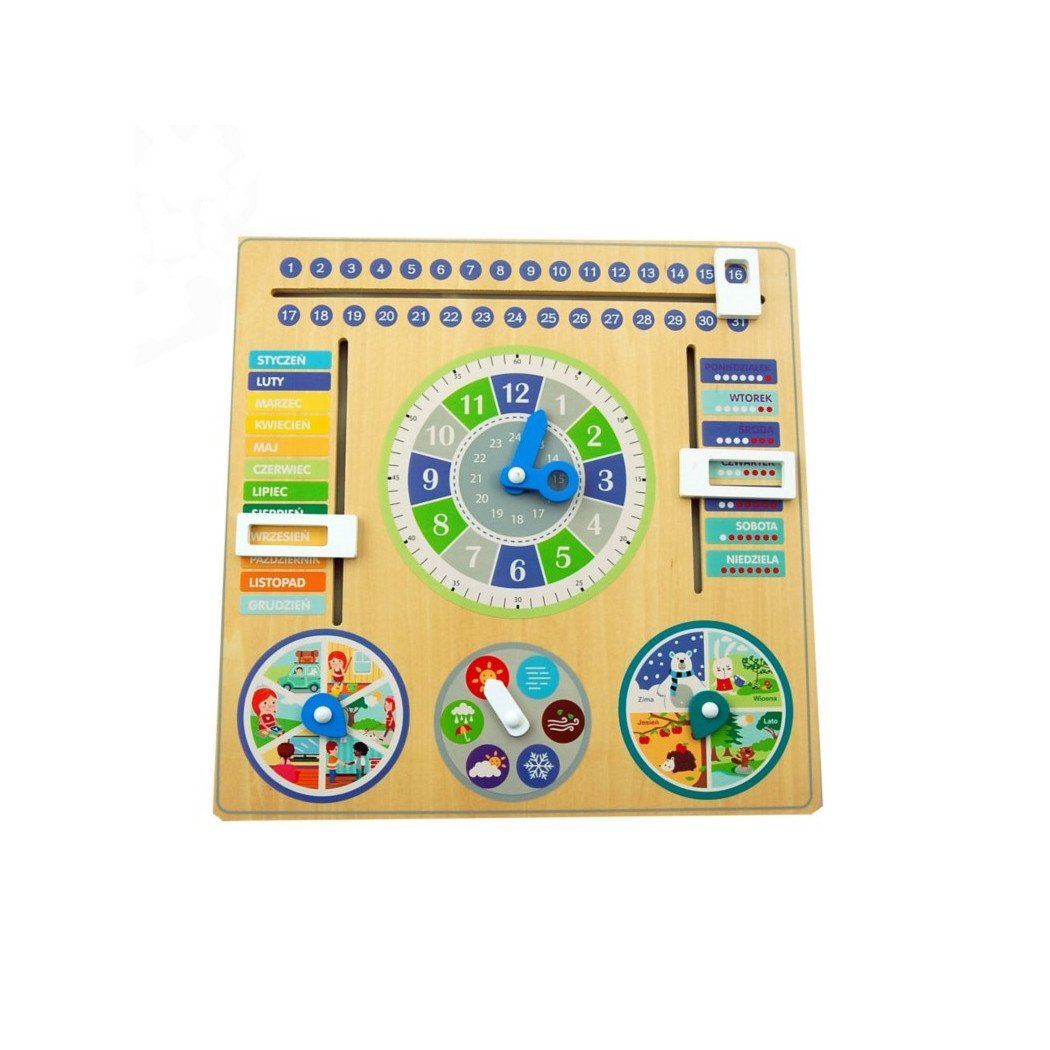 Kalendarz Drewniany Polski - Data, Godzina, Dzień Tygodnia, Miesiąc, Pora Roku, Pogoda - Adam Toys