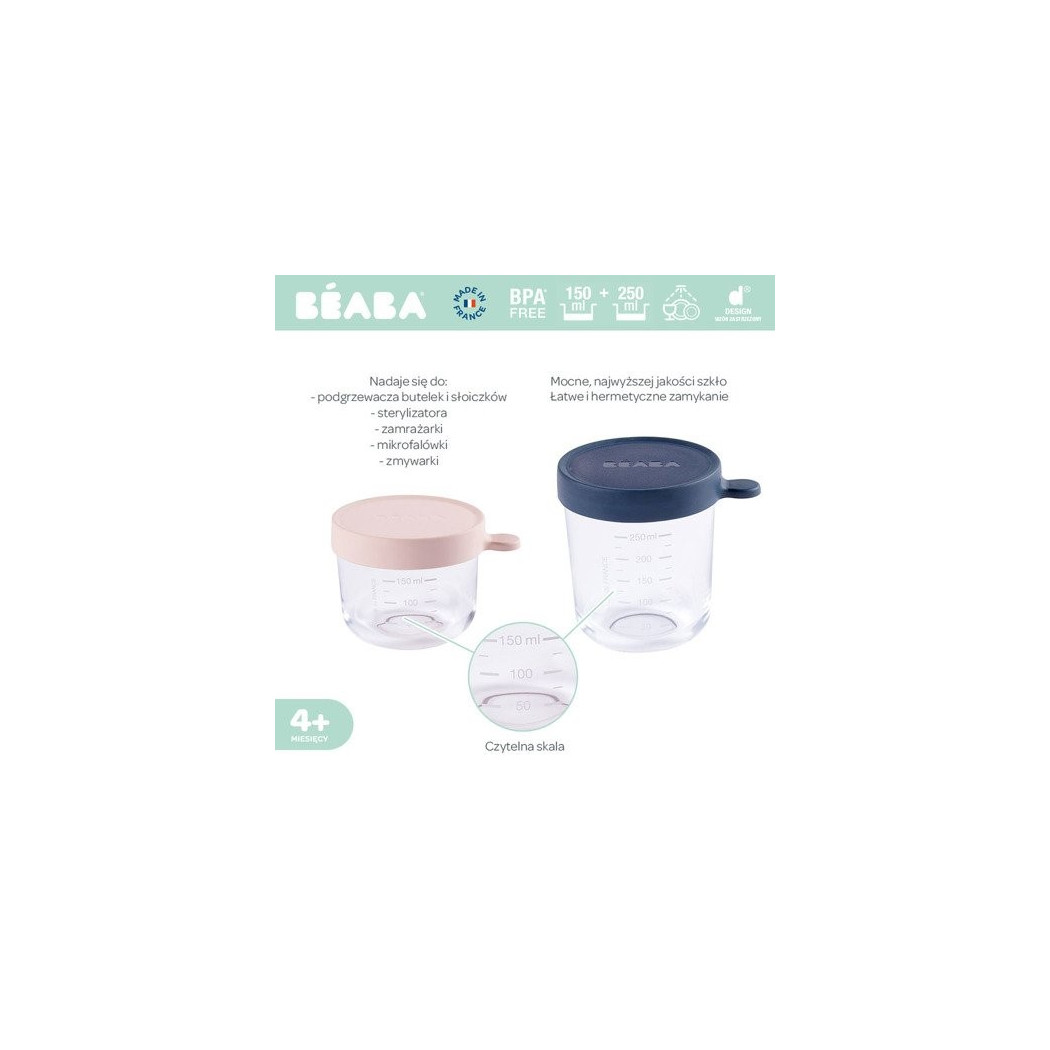 WYPRZEDAŻ Pink & Dark Blue - Zestaw Pojemników Szklanych z Hermetycznym Zamknięciem 150 + 250 ml  - Beaba