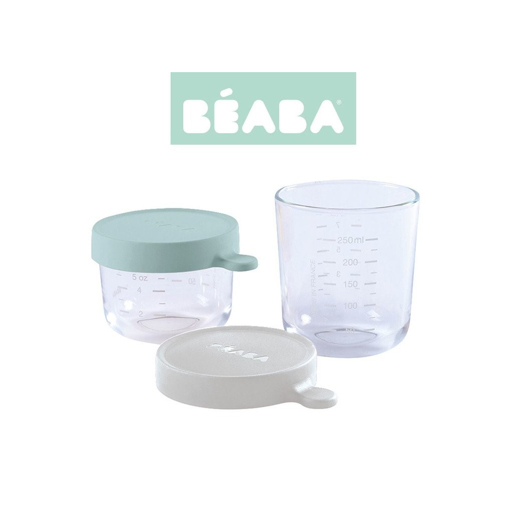 Pink & Eucalyptus Green & Light Mist - Zestaw Pojemników Szklanych z Hermetycznym Zamknięciem 150 + 250 ml + 400 ml - Beaba