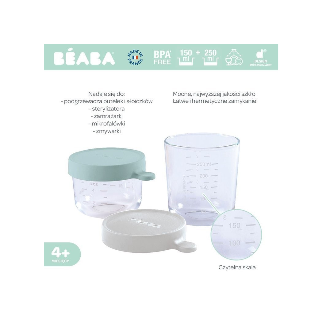Pink & Eucalyptus Green & Light Mist - Zestaw Pojemników Szklanych z Hermetycznym Zamknięciem 150 + 250 ml + 400 ml - Beaba