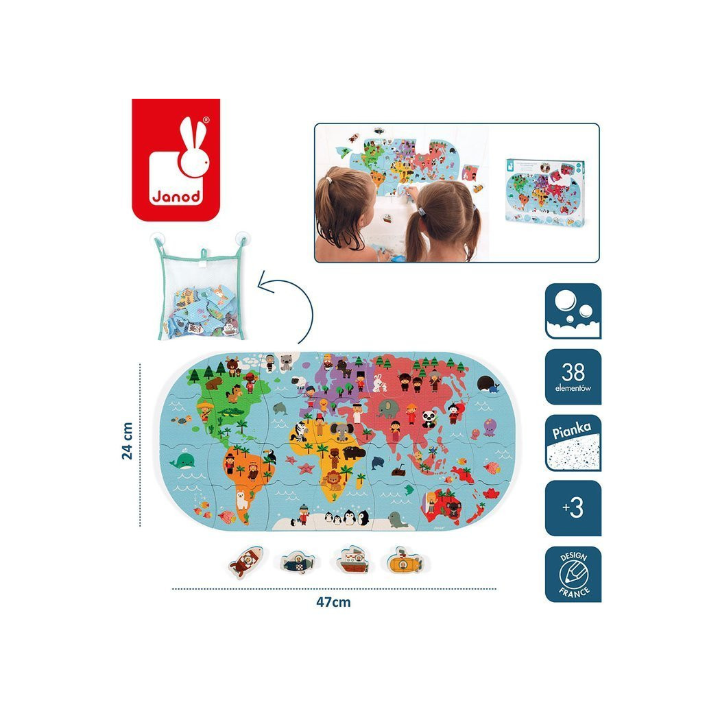 Mapa Świata - Puzzle Do Kąpieli - 28 Elementów 3+ - Janod