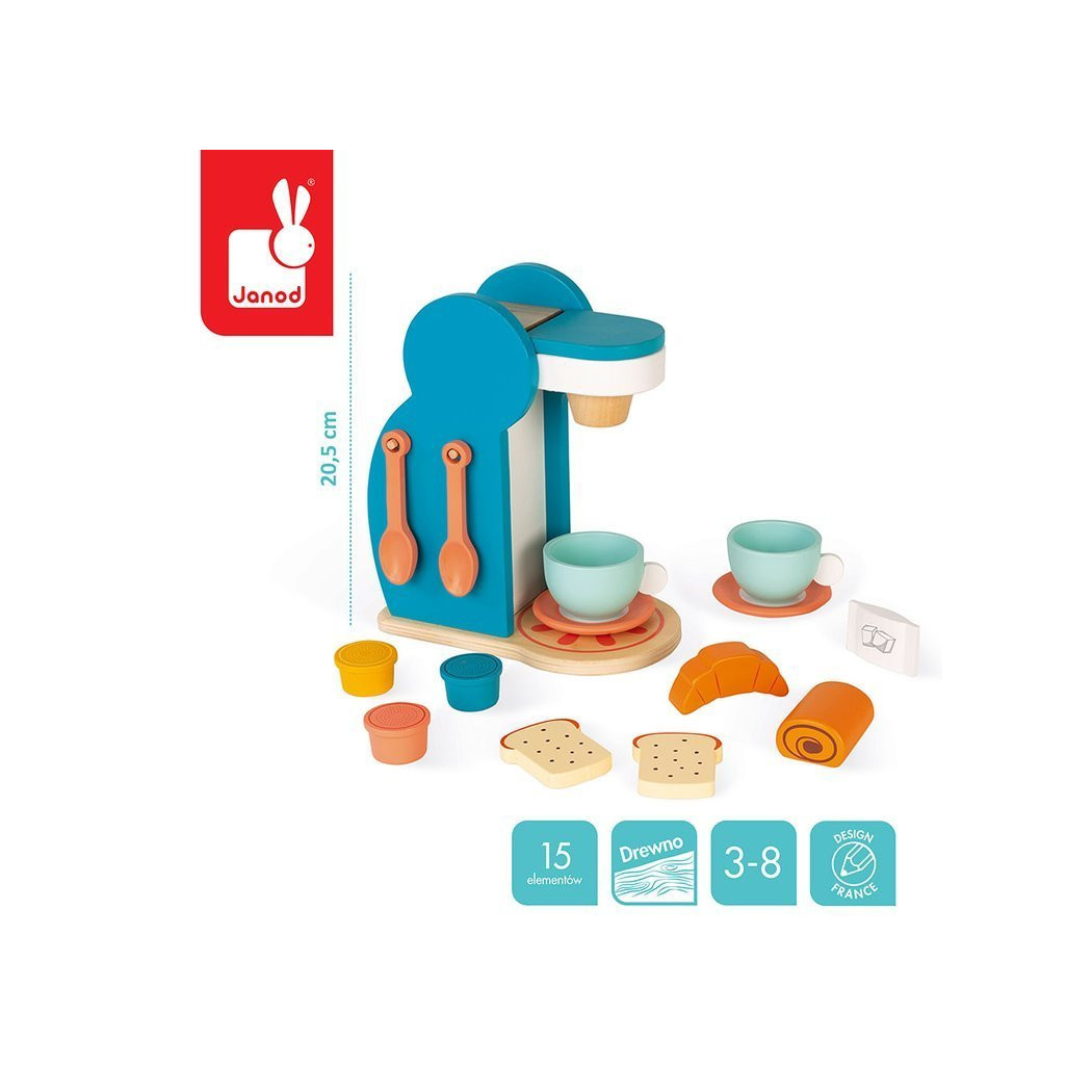 Drewniany Zestaw Śniadaniowy z Ekspresem Do Kawy -  14 Elementów - Janod