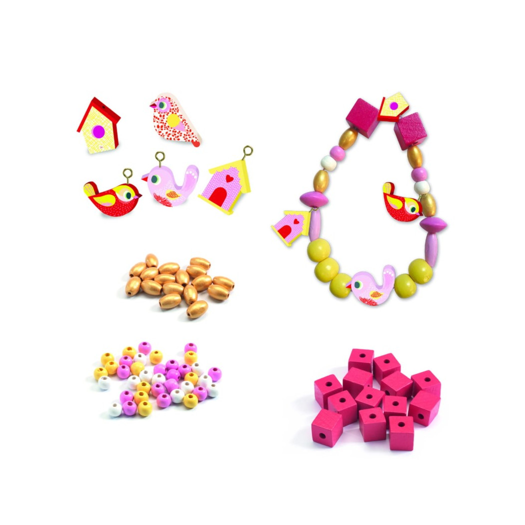 Ptaki - Zestaw Do Tworzenia Biżuterii - Djeco - Drewniane Koraliki