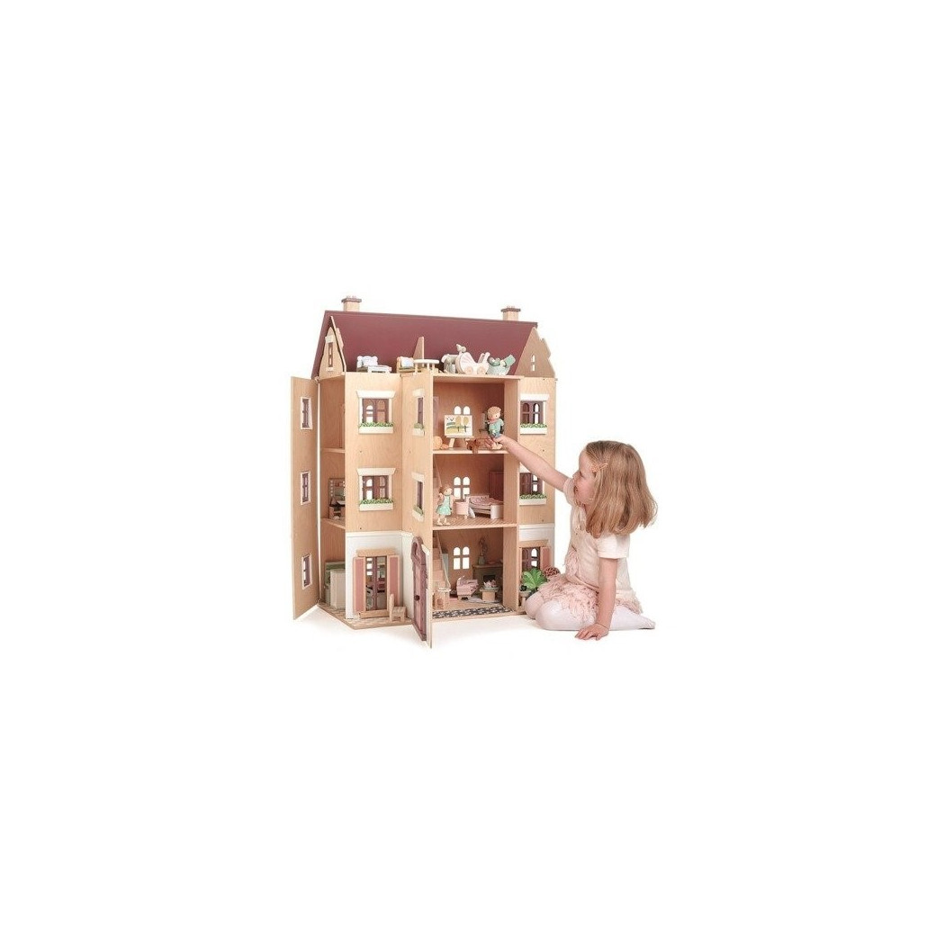 Czteropiętrowy Drewniany Domek Dla Lalek z Wyposażeniem - Tender Leaf Toys