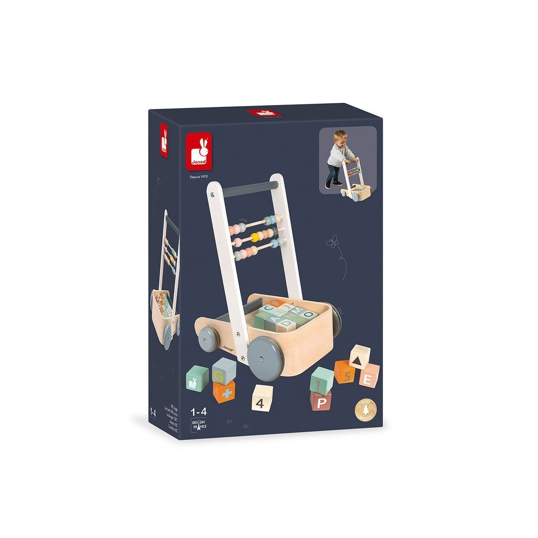 Wózek Pchacz Drewniany z 20 Klockami - Sweet Cocoon - Janod