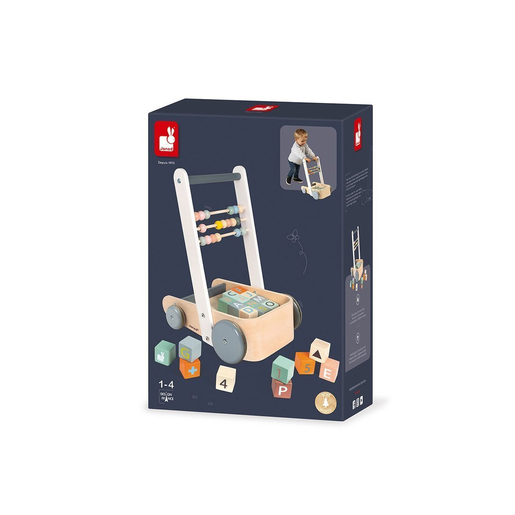 Wózek Pchacz Drewniany z 20 Klockami - Sweet Cocoon - Janod