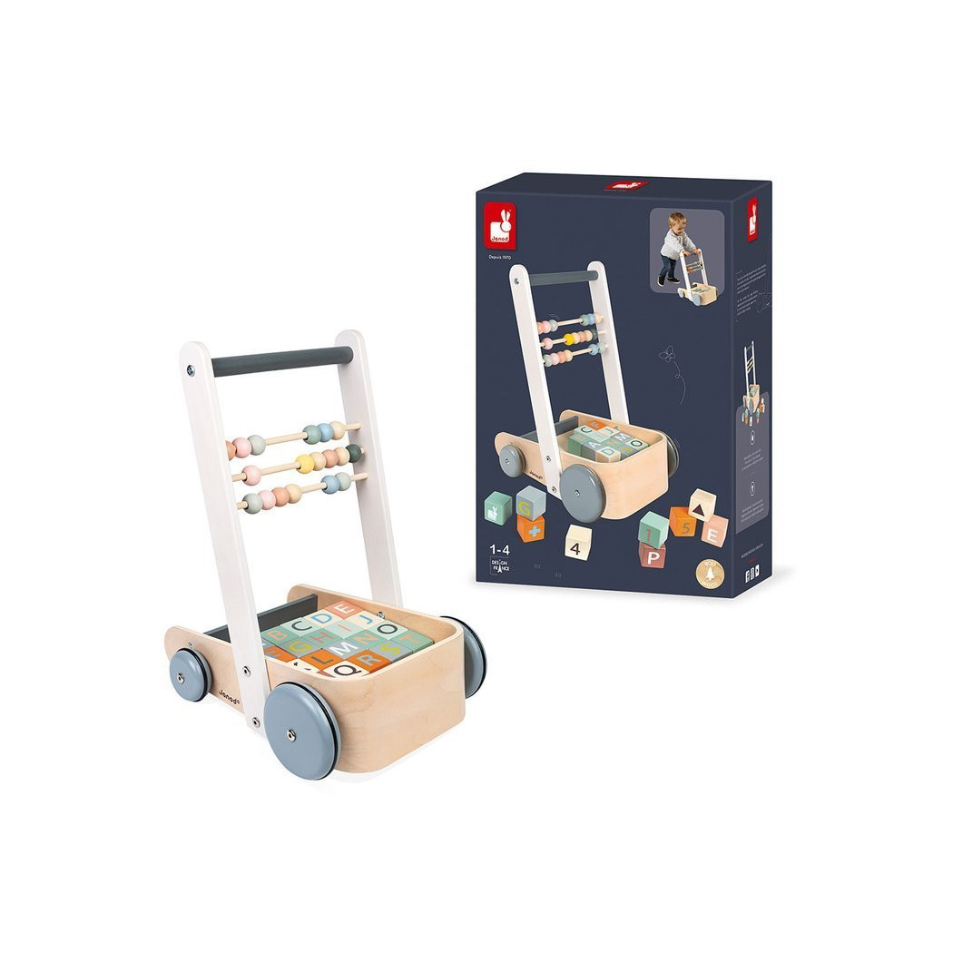 Wózek Pchacz Drewniany z 20 Klockami - Sweet Cocoon - Janod