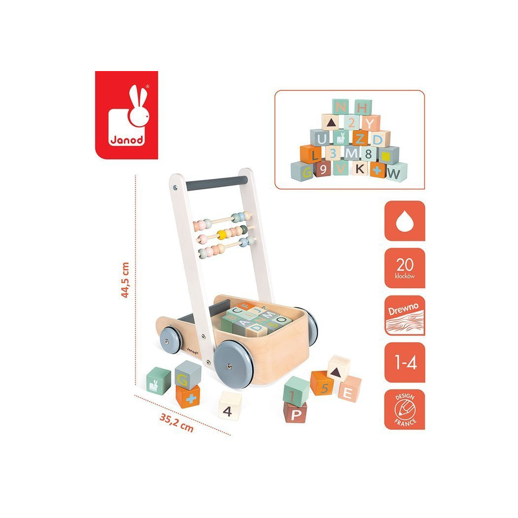Wózek Pchacz Drewniany z 20 Klockami - Sweet Cocoon - Janod