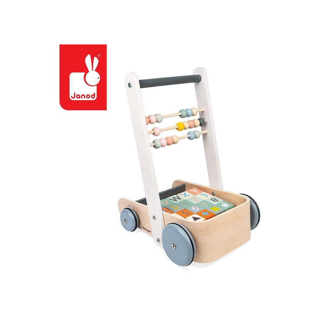 Wózek Pchacz Drewniany z 20 Klockami - Sweet Cocoon - Janod