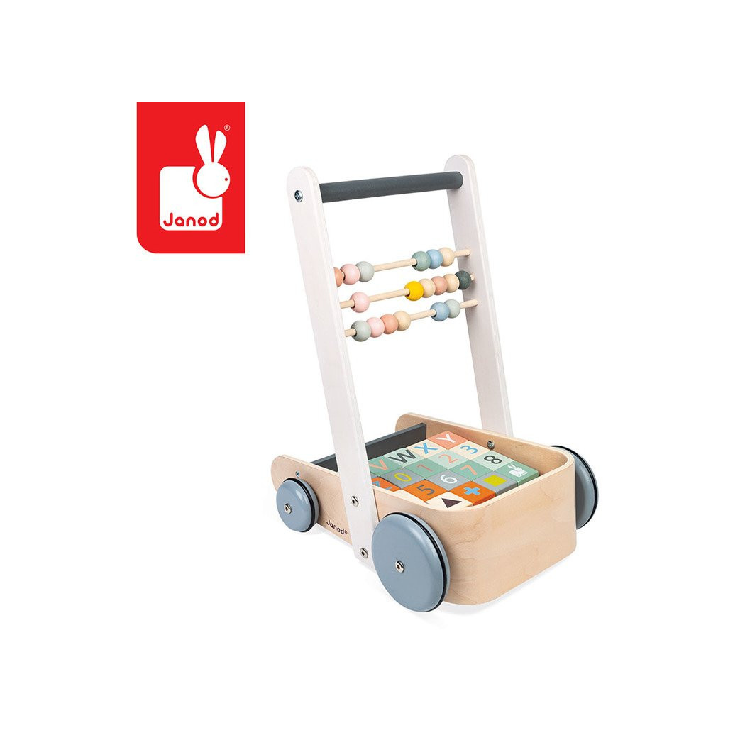 Wózek Pchacz Drewniany z 20 Klockami - Sweet Cocoon - Janod
