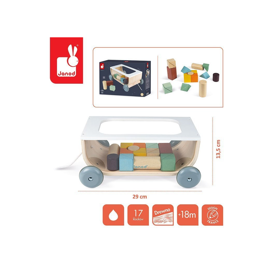 Wózek Do Ciągnięcia Drewniany z 17 Klockami - Sweet Cocoon - Janod
