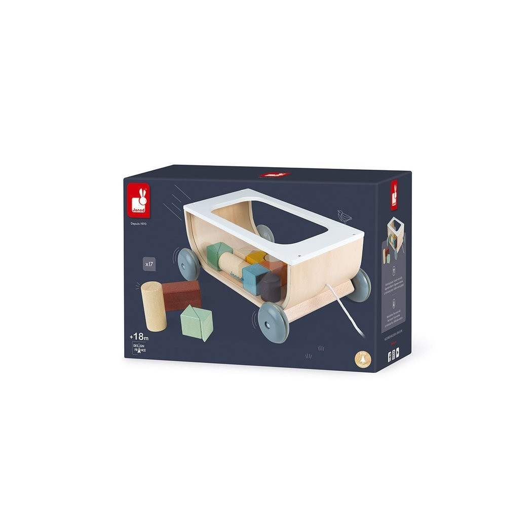 Wózek Do Ciągnięcia Drewniany z 17 Klockami - Sweet Cocoon - Janod