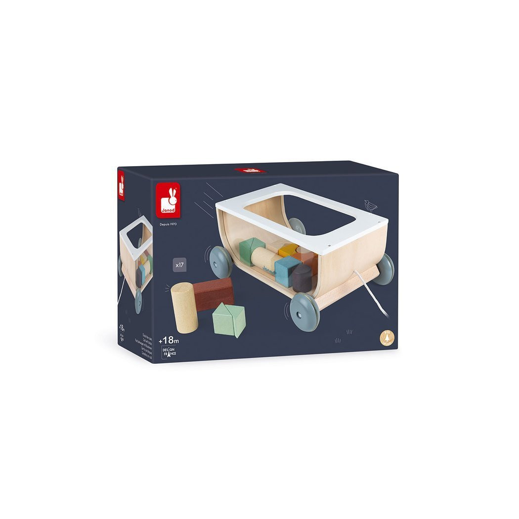 Wózek Do Ciągnięcia Drewniany z 17 Klockami - Sweet Cocoon - Janod