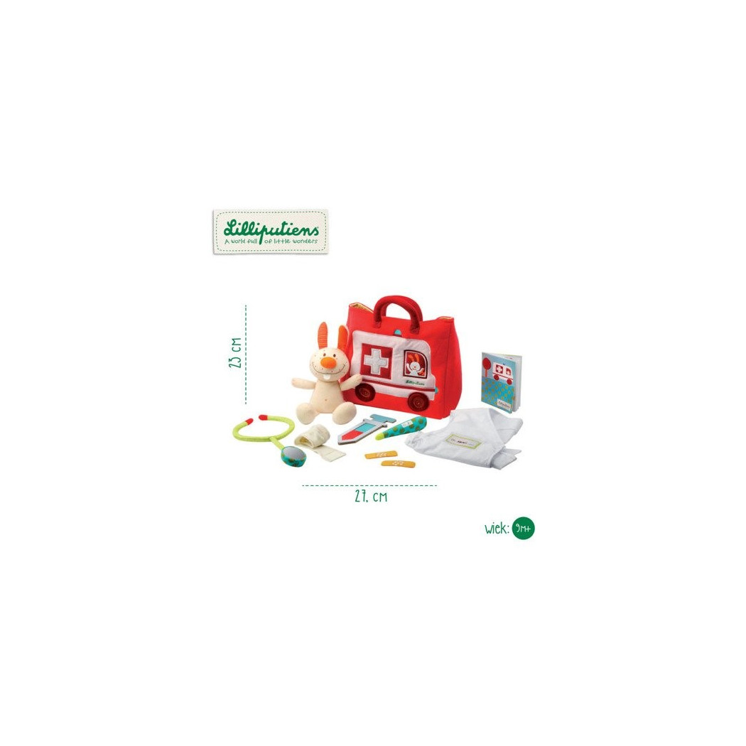 Zestaw Małego Lekarza z Torbą - Samochodem, Akcesoriami i Przytulanką Mały Królik 9m+ - Lilliputiens