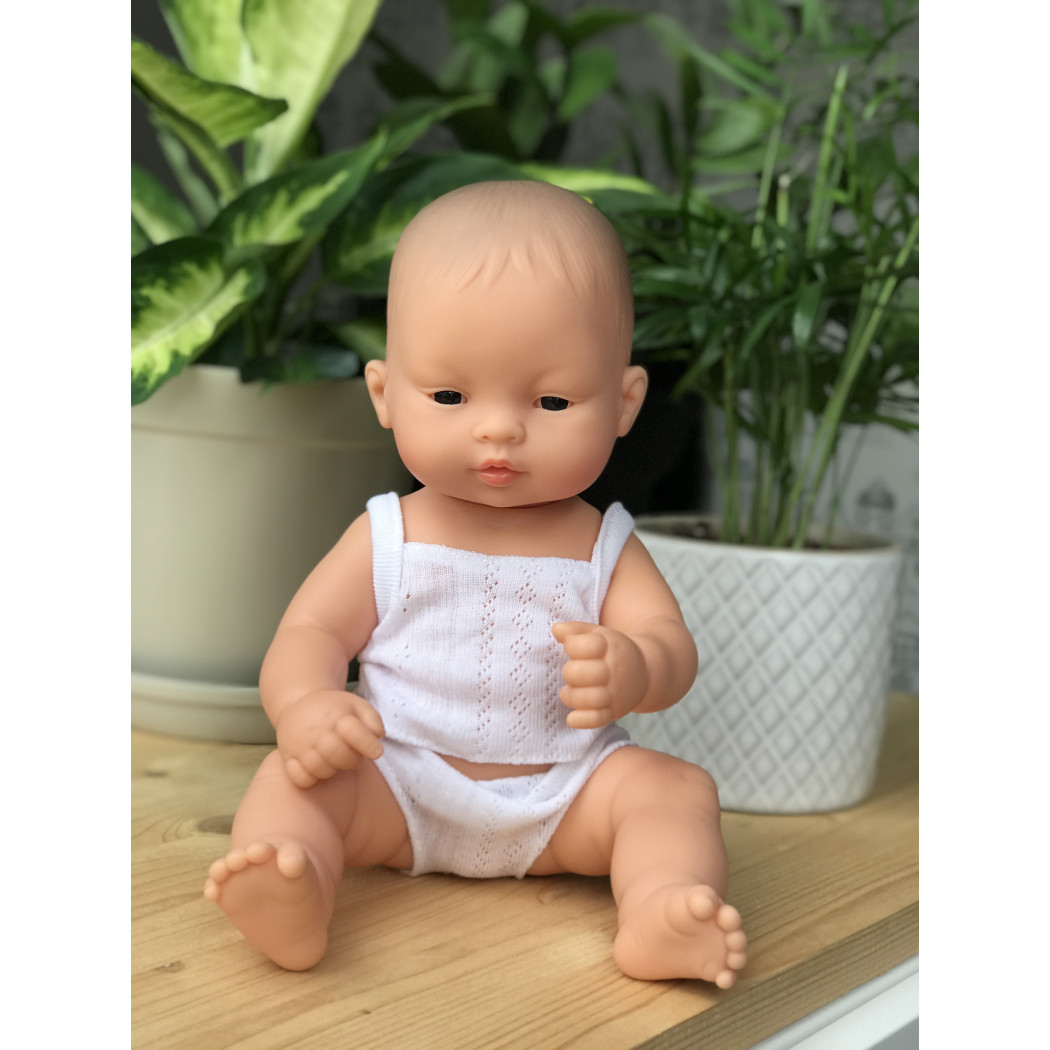 Ensemble Vêtements Tricot Recyclé Pour Poupée Miniland 32 Cm - Robe, Culotte, Bandeau Beige - Fabriqué En Espagne