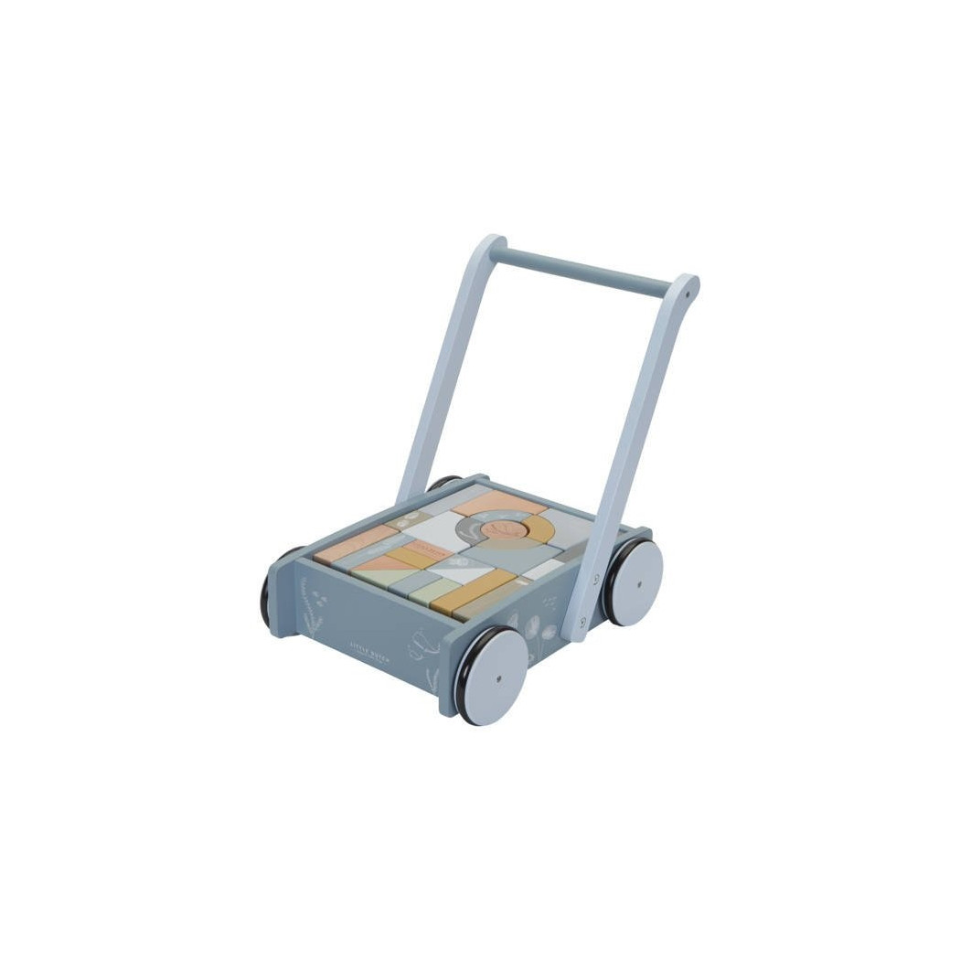 Błękit Ocean Wózek z klockami - Drewniany Pchacz - Montessori - Little Dutch