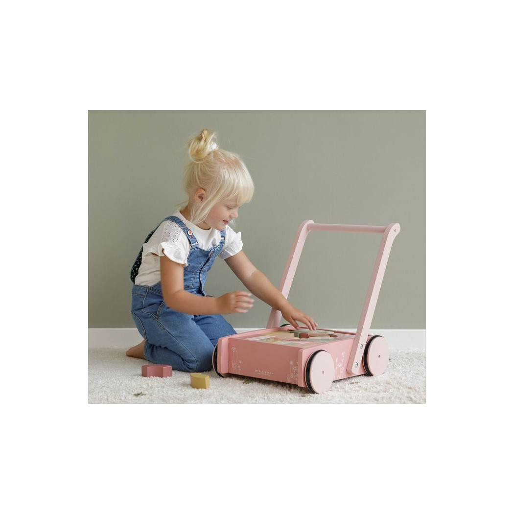 Róż Flowers - Wózek z Klockami - Drewniany Pchacz - Little Dutch