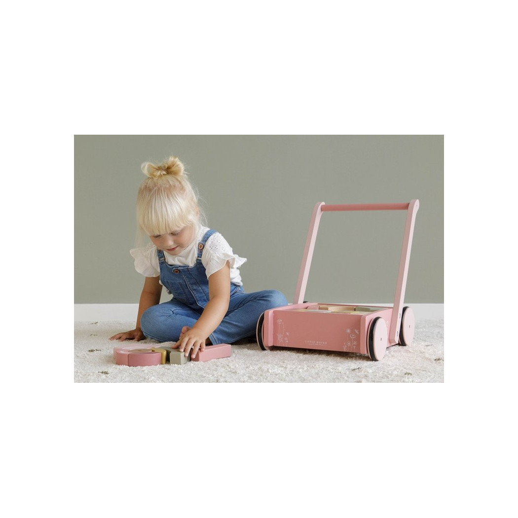 Róż Flowers - Wózek z Klockami - Drewniany Pchacz - Little Dutch