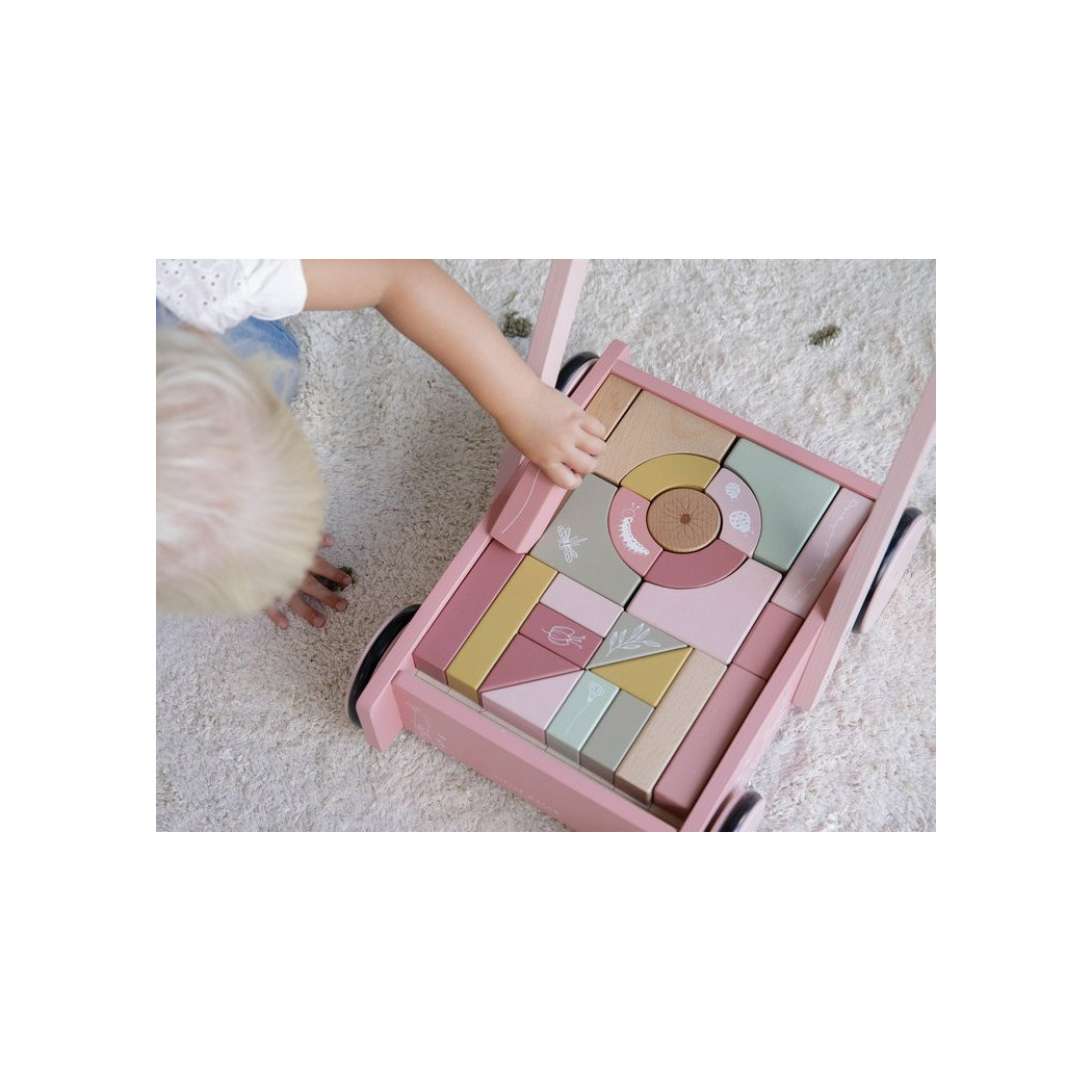 Róż Flowers - Wózek z Klockami - Drewniany Pchacz - Little Dutch