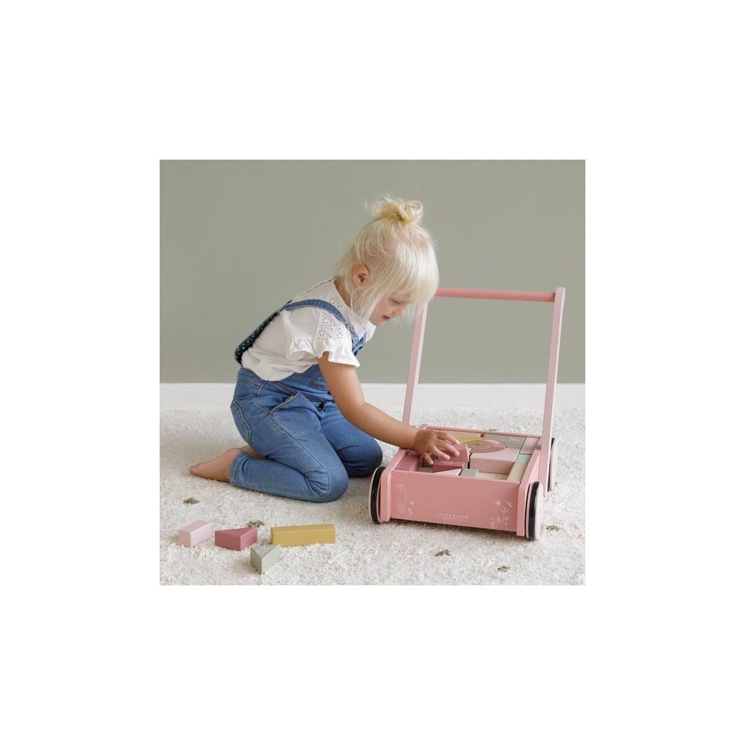 Róż Flowers - Wózek z Klockami - Drewniany Pchacz - Little Dutch