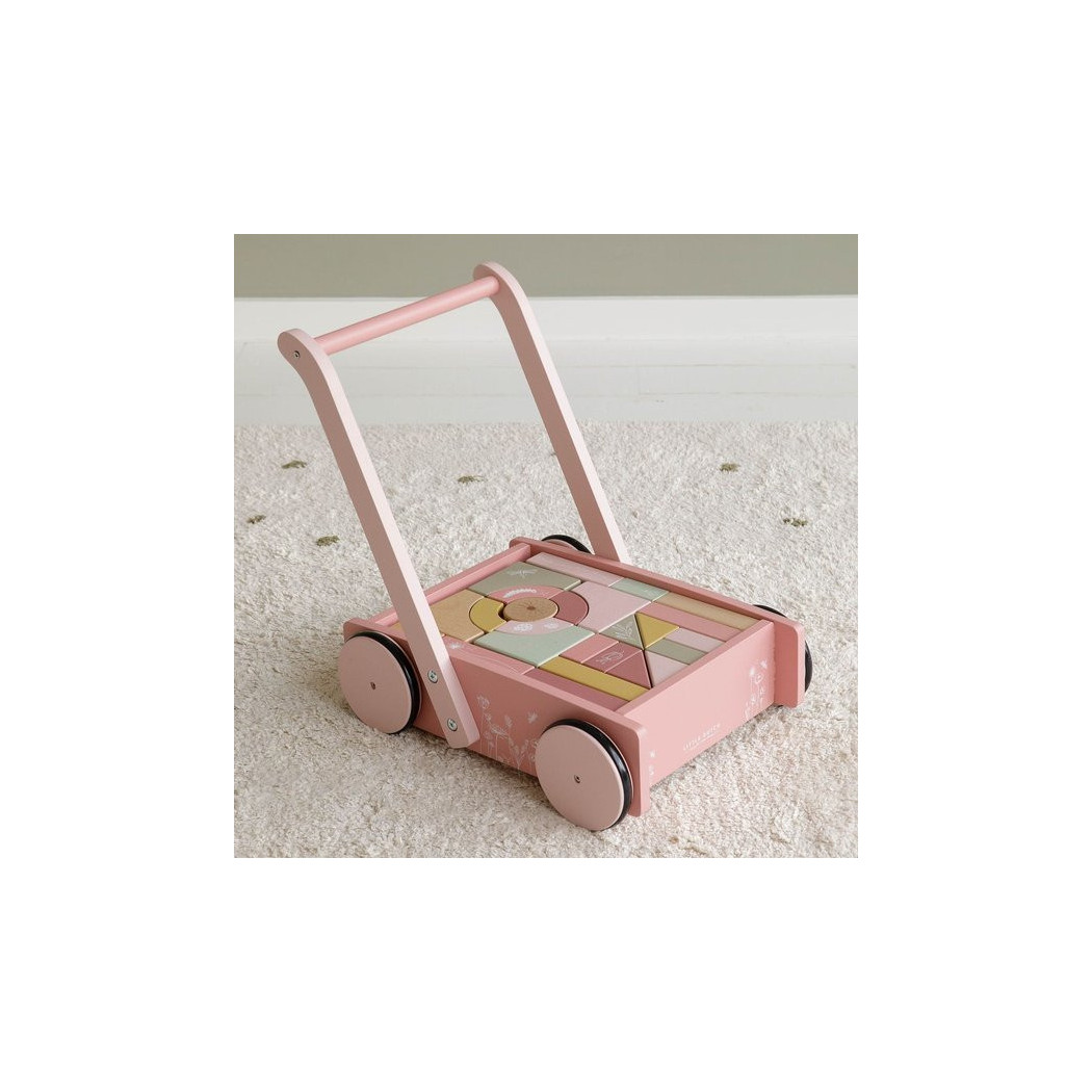 Róż Flowers - Wózek z Klockami - Drewniany Pchacz - Little Dutch