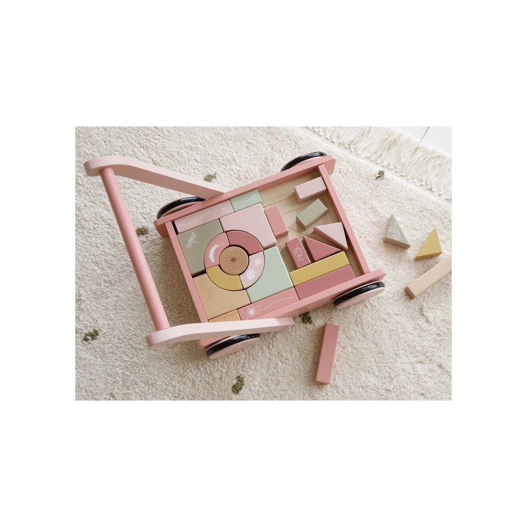 Róż Flowers - Wózek z Klockami - Drewniany Pchacz - Little Dutch