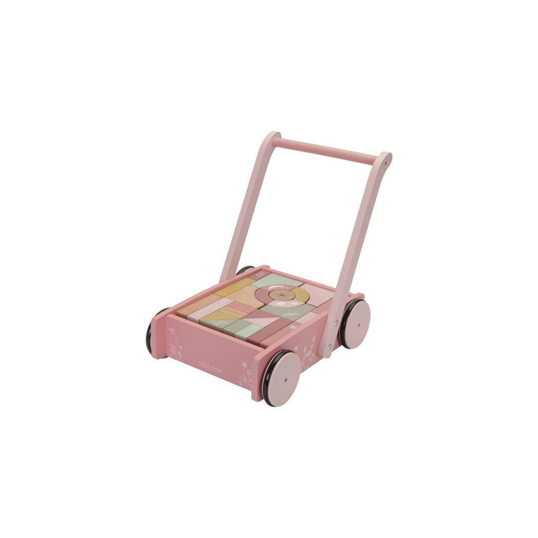 Róż Flowers - Wózek z Klockami - Drewniany Pchacz - Little Dutch