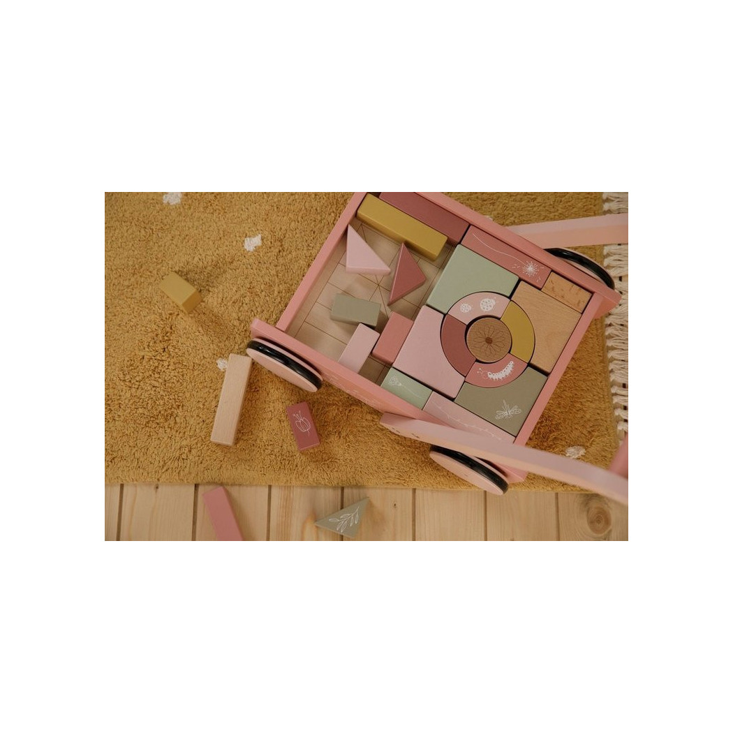 Róż Flowers - Wózek z Klockami - Drewniany Pchacz - Little Dutch