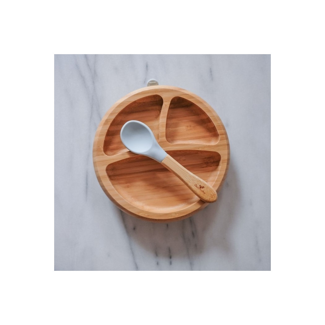 Szary - Bambusowy Talerz z Przyssawką i Przegródkami z Łyżeczką 4m+ - Avanchy Baby
