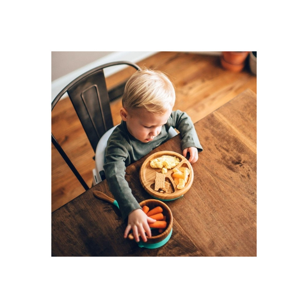 Różowy - Bambusowy Talerz z Przyssawką i Przegródkami z Łyżeczką 4m+ - Avanchy Baby