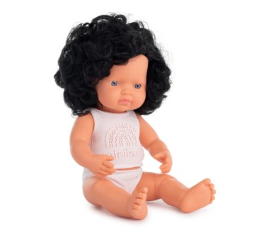 Europejka Czarne Kręcone Włosy 38 cm - Lalka Dziewczynka Europejka - Miniland Doll - Miniland
