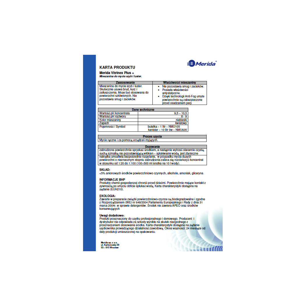 Vitrinex Plus 1l - Środek Do Mycia Szyb i Powierzchni Szklanych - Merida