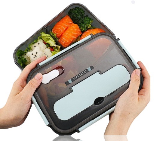 Niebieski - Lunch box z Zestawem Sztućców 3 w 1 - Lunchbox