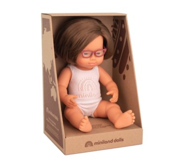 Europejka Down Syndrom 38 cm z Okularami - Lalka Dziewczynka Europejka - Miniland Doll - Miniland