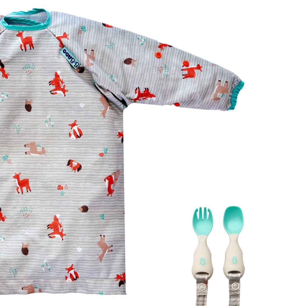 WYPRZEDAŻ Woodland Friends - Zestaw Śliniak BLW i Sztućce -  BIBaDO