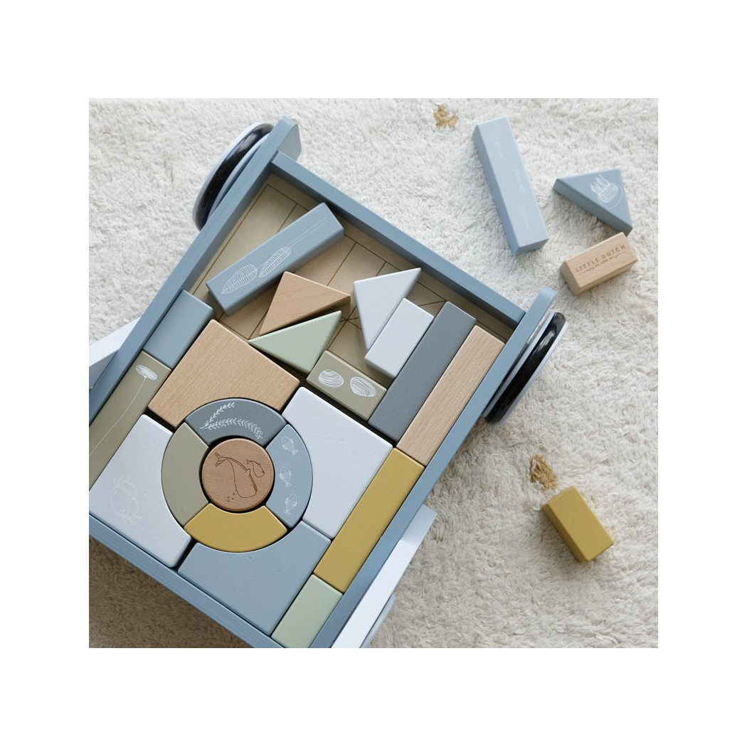 Błękit Ocean Wózek z klockami - Drewniany Pchacz - Montessori - Little Dutch